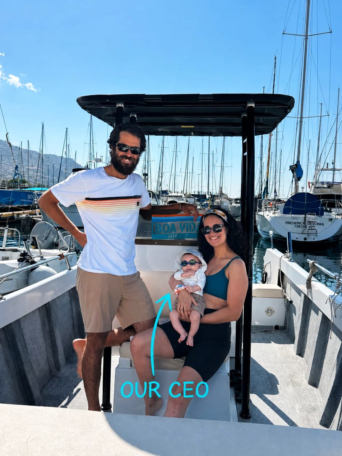 The Boa Vida family aboard their boat at Funchal marina — with their youngest, the 'CEO'